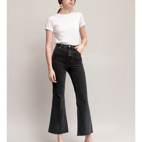 ROLLA'S Jeans Eastcoast Crop Flare Hi-Rise Black Denim Raw Hem - Picture 7 of 7